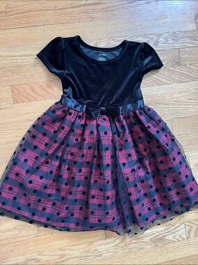 George Black Velvet Bodice Red Plaid Tulle Skirt Dress